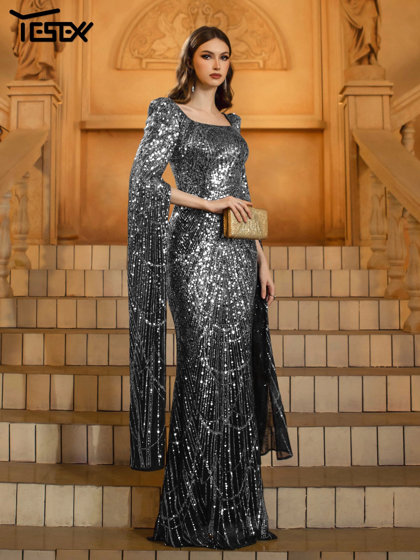 Maxy New Church Dress Square Neck Long Sleeved Sequin Mermaid Evening Gown Wedding Birthday Party Formal Occasion Maxy Dresses