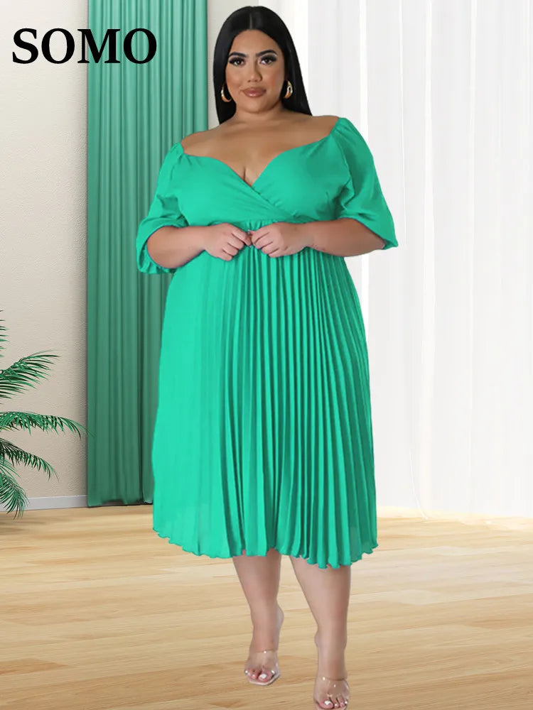 Maxy Plus Size Women Clothing Dresses for Women New In Summer Solid V Neck Maxy Dress Fashion Pleated dtress
