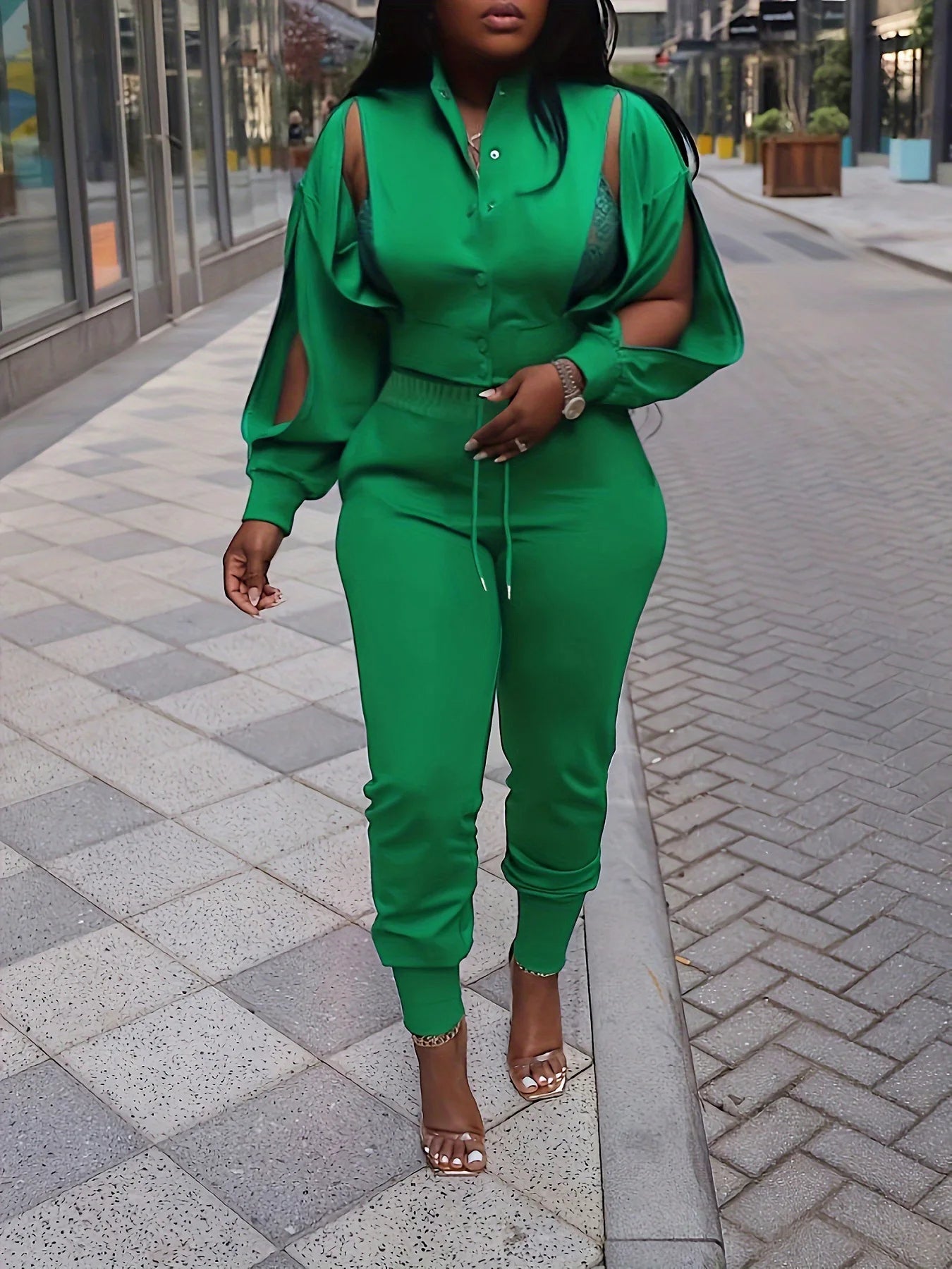 Amay Women Two Piece Set Spring Slim Fit Pants Hollow Out Button Shirt Y2k Tops Suits Vintage Patchwork Streetwear Outfit Sets.