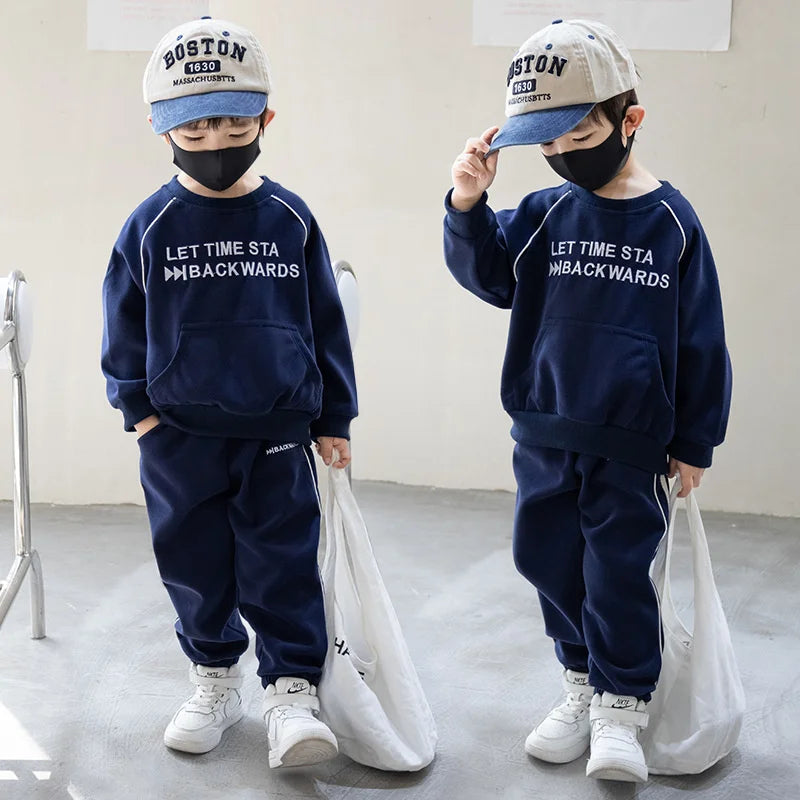 Maxy Boys Sweatshirts +Pants Kids Suits Tracksuit 2PCS/Set 2024 Navy Blue Spring Autumn Cotton Outfits Sport Teenagers Children Cloth