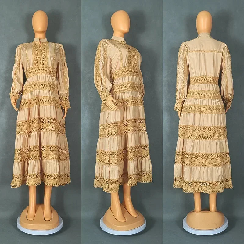 Amay Elegant Dress Women for Wedding Party Spring Autumn African Long Sleeve Polyester Lace Long Dress Dashiki African Clothes
