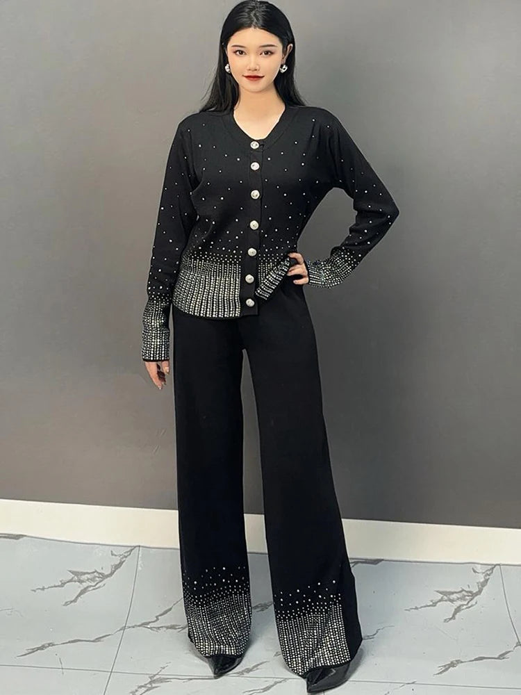 Babs Fashion Knitted Pants Sets Women Round Collar Beading Full Sleeve Tops + Wide Leg Trousers Vintage Style Set 5G270