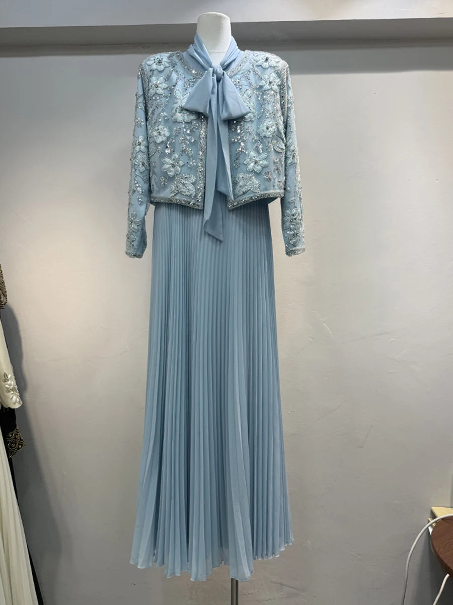 Maxy Luxury Two Piece Set for Women O Neck Short Cardigan Spliced Embroidery Scarf Collar Maxy Dress Office Lady Suit Female New