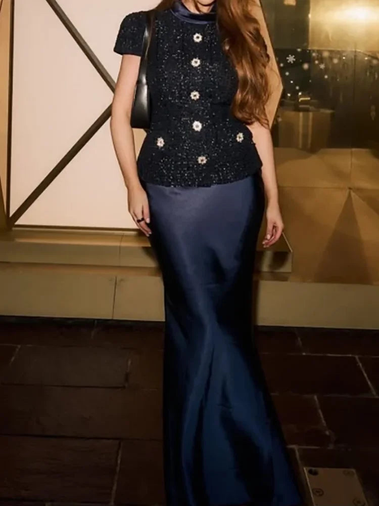 Maxy Classic High Neck Sequined Button Short Sleeve Floor Length Formal Evening Dresses Birthday Party Prom Gowns Customized
