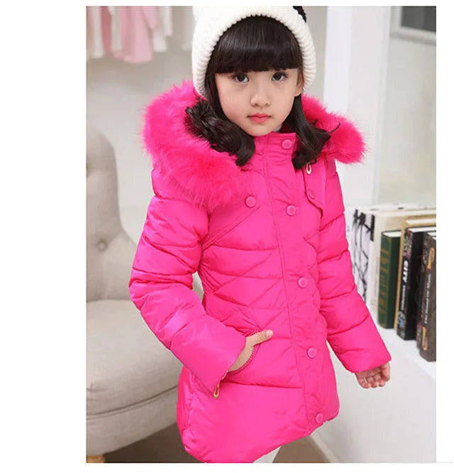 Maxy Kids Cothing Warm Padding Jacket For Girl Long Winter Thicken Parka With Fur Hood Children Outerwear Coats 4 6 8 10Year old