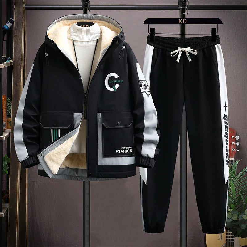 Winter Fleece Thicken Casual Tracksuit Sets Korean Trend Hooded Patchwork Set Autumn Warm Sportswear Jacket+Trousers 2pc Suits