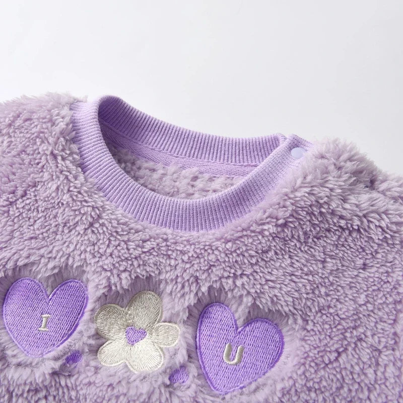 Maxy Girl Fleece-Lined Purple Velvet Two-Piece Set Outfits Kids Autumn Winter Fleece-Lined New Children Clothes Korean Suit