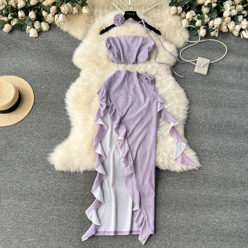 Maxy Sexy Shinny Beach Style Women Two Pieces Set Hot Strapless Crop Top and High Elastic Waist Ruffles Tassels Irregular Skirt Suits