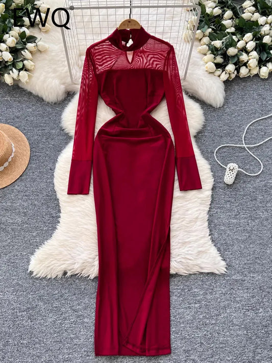 Amay Fashion Stand Collar Dress Women's Long Sleeves Hollow Out Gathered Waist Mesh Spliced Slim Dresses Autumn New 27X1903