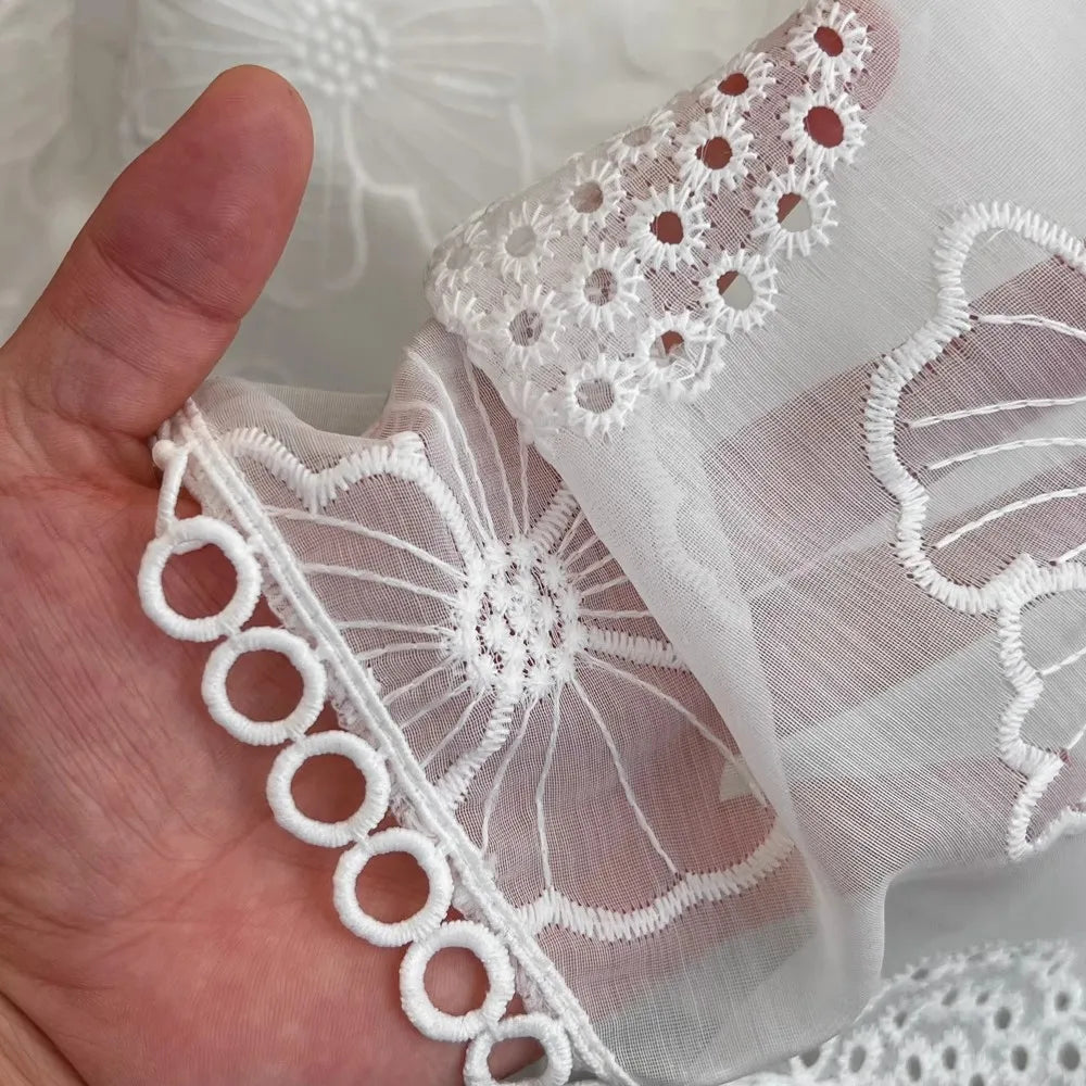 Amay Luxury Vintage Women Embroidery Lace Hollow Out Spring Summer Stand Collar Lantern Sleeve Pearls Buttons Belt Party Evening Dres