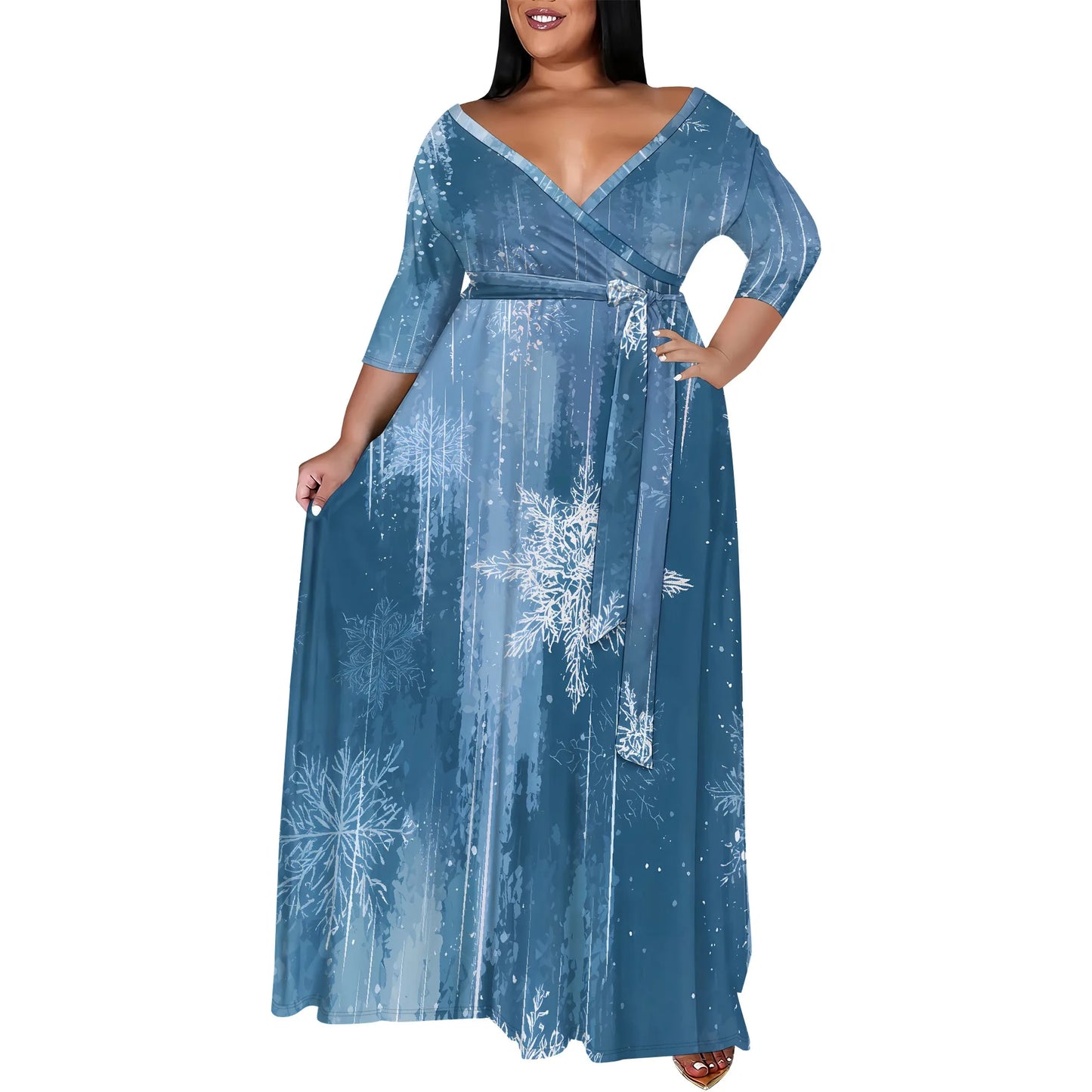 Maxy Plus Size Women's 3/4 Sleeve V-Neck Snowflake Print Wrap Maxy Dress Winter Elegant Party Dress