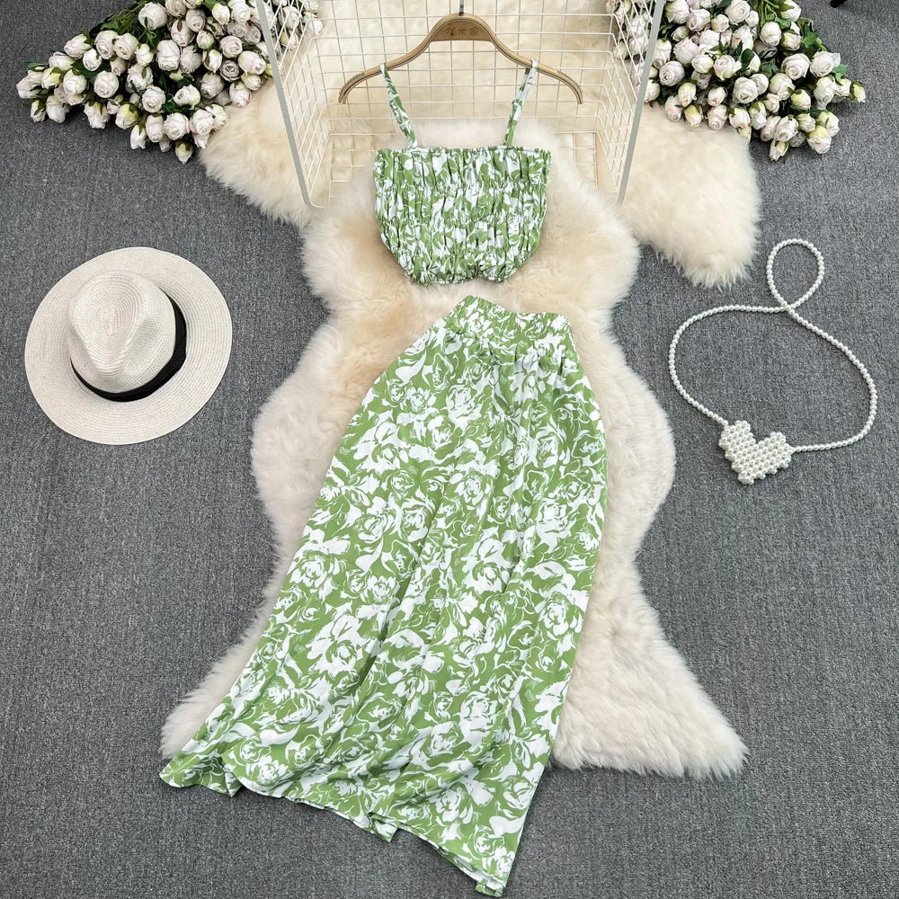 Maxy Summer Floral Print Two Pieces Set Women Fashion Elegant Casual Fold Sleeveless Tops And Long Skirt Sexy Slim 2 Piece Sets