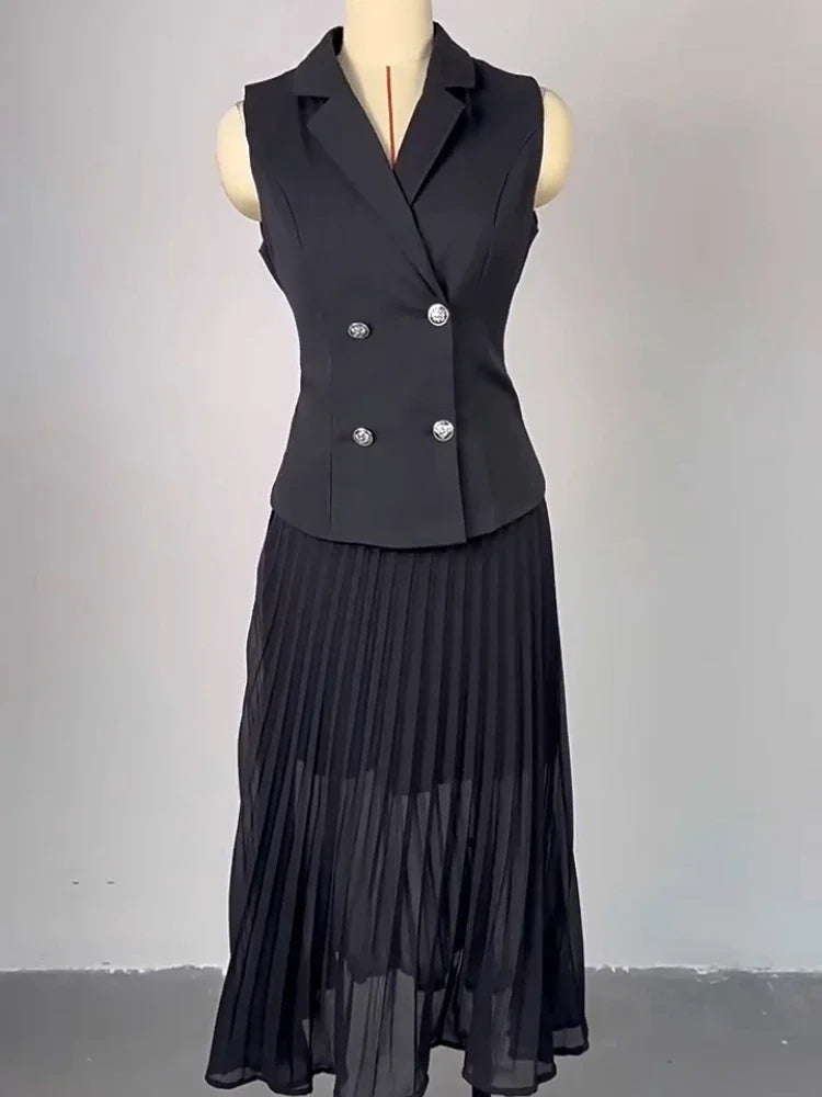 Maxy Two Piece Skirt Sets Casual Outfits Women Double Breasted Blazer Top + Pleated Long Skirts Suit Female Vocation Clothes