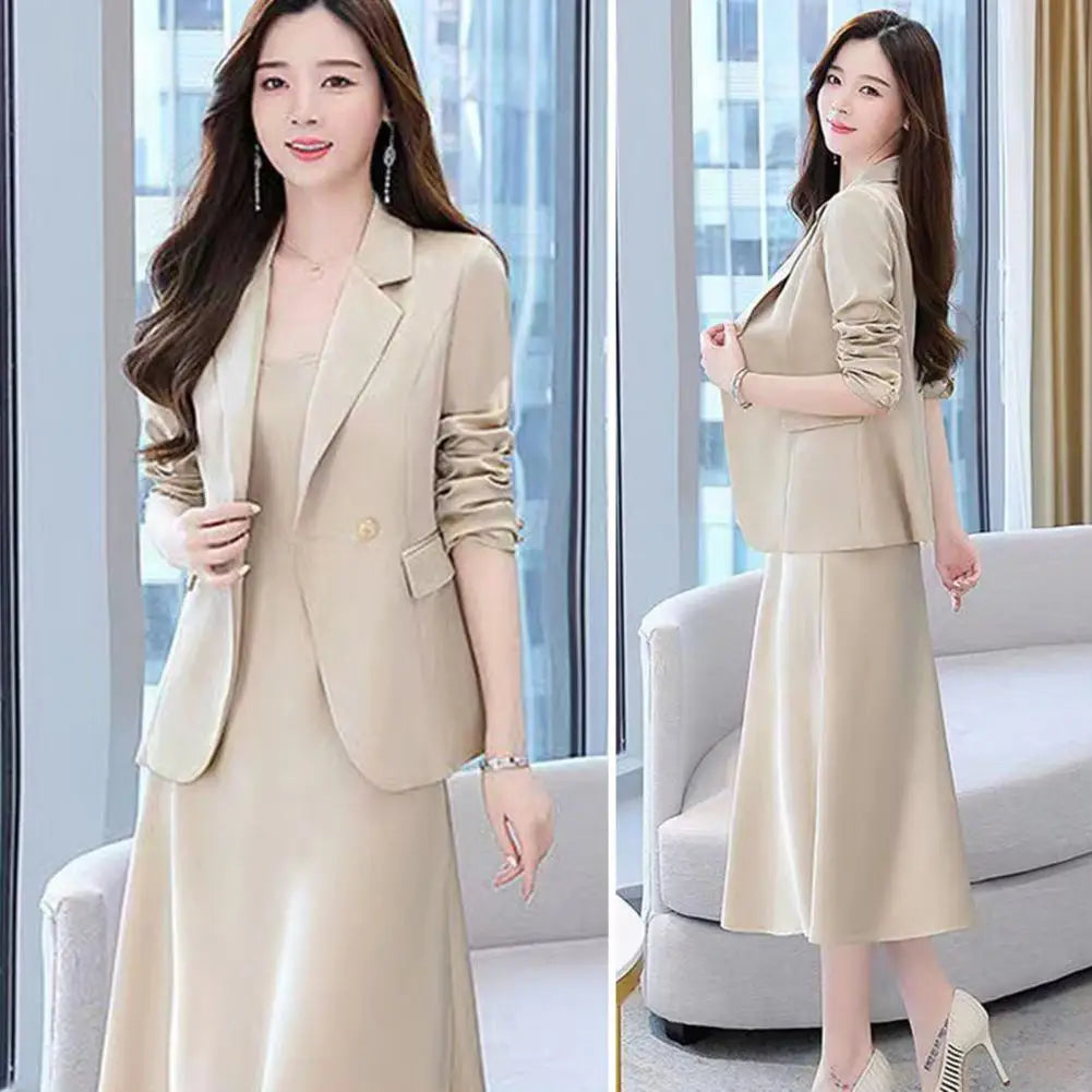 Maxy Women's Office Suit Fashion Blazer suit Simple Solid Color Spring Summer Half Sleeve Top + Dress 2 Piece Set Blazer