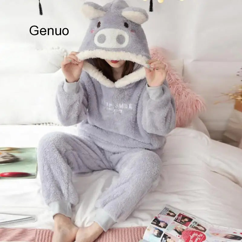 Winter Thick Warm Flannel Pajamas Sets For Women Sleepwear Pajama Homewear Pyjamas Set Cartoon Cute Warm Hooded Rabbit Gowns