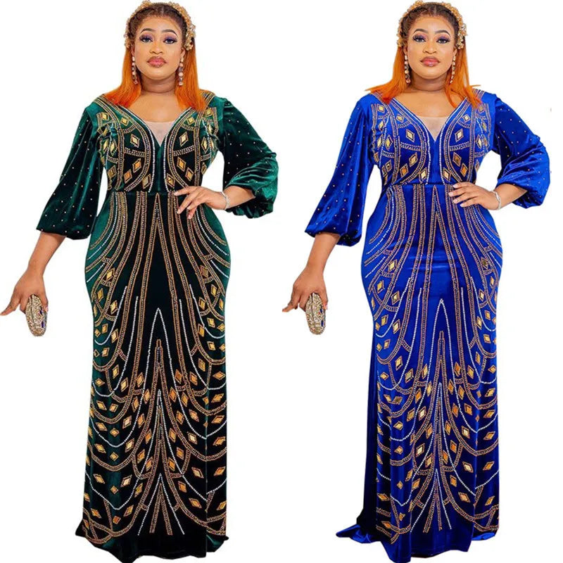 Amay Luxury Diamond Beaded Velvet Formal Party Long Dresses Elegant Women V Neck Lantarn Sleeve Solid Prom Gowns Clothing