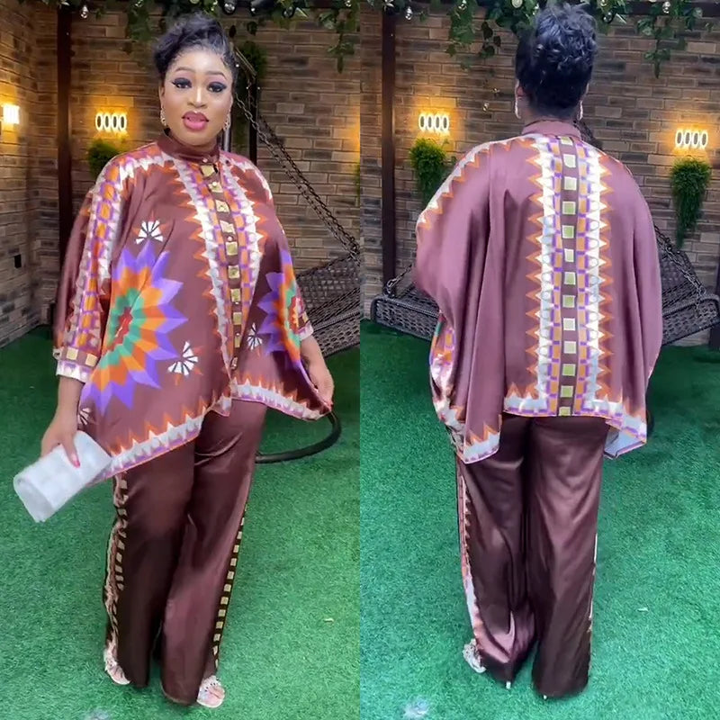 Maxy 2 Piece African Clothes for Women Outfits Summer African 3/4 Sleeve O-neck Print Top Pant Matching Sets Africa Clothing