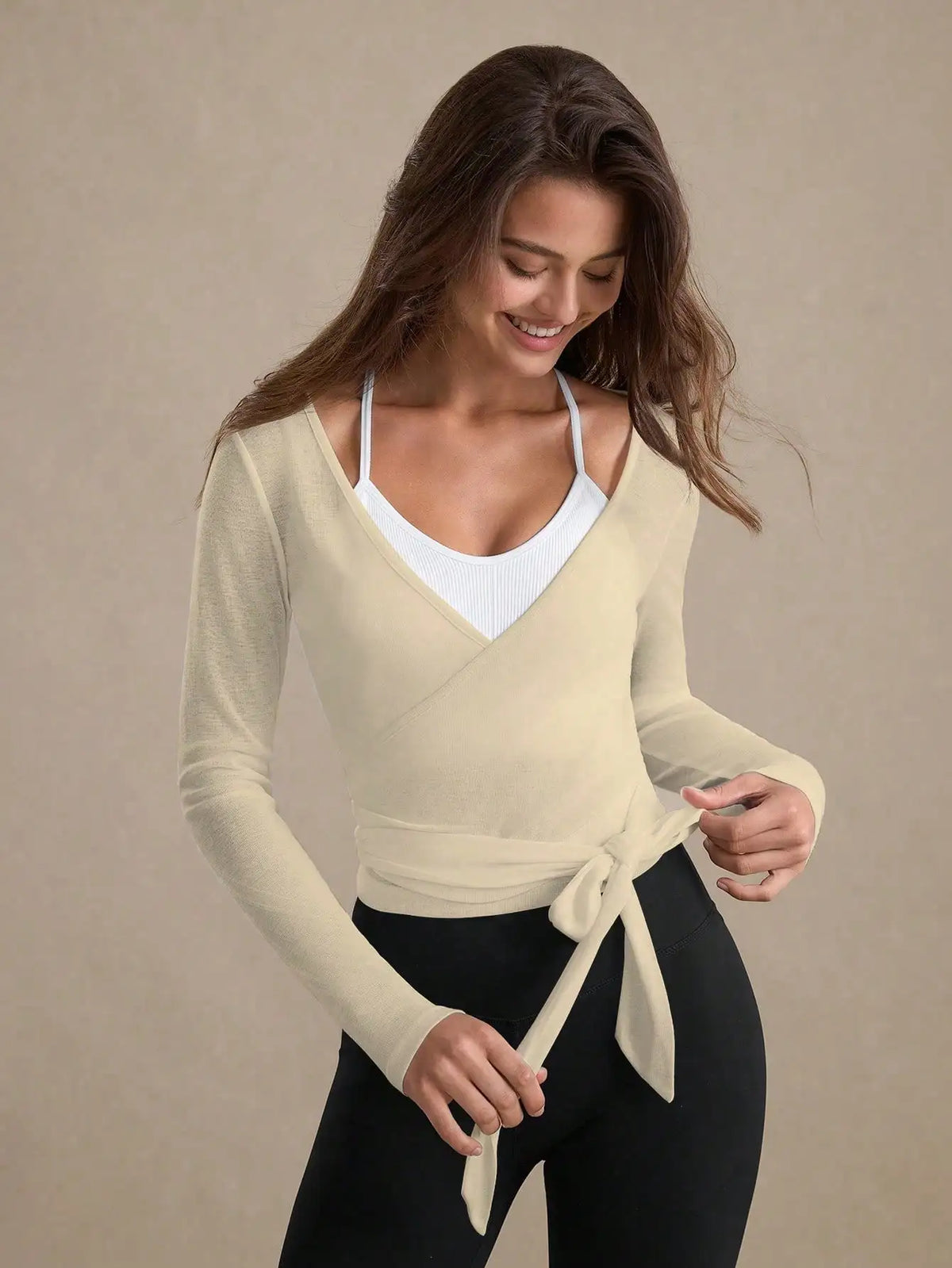 Maxy Women's Long Sleeve Wrap Crop Top With Tie-Up Detail Casual Sporty