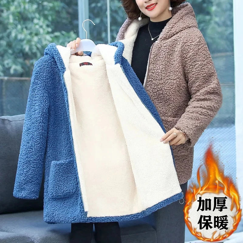 Maxy Mother Winter Coat Hooded Middle-Aged Women's Clothing Velvet Thick Polar Fleece Wool Jacket Cotton-Padded Jacket Women Elegant