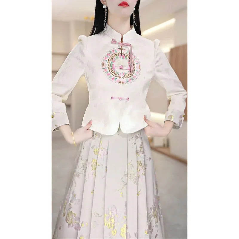 Amay Fashion Skirt Two-piece Women's Clothing Spring Summer New Elegant Horse-faced Skirt Luxury Party Shirt Floral suit Female