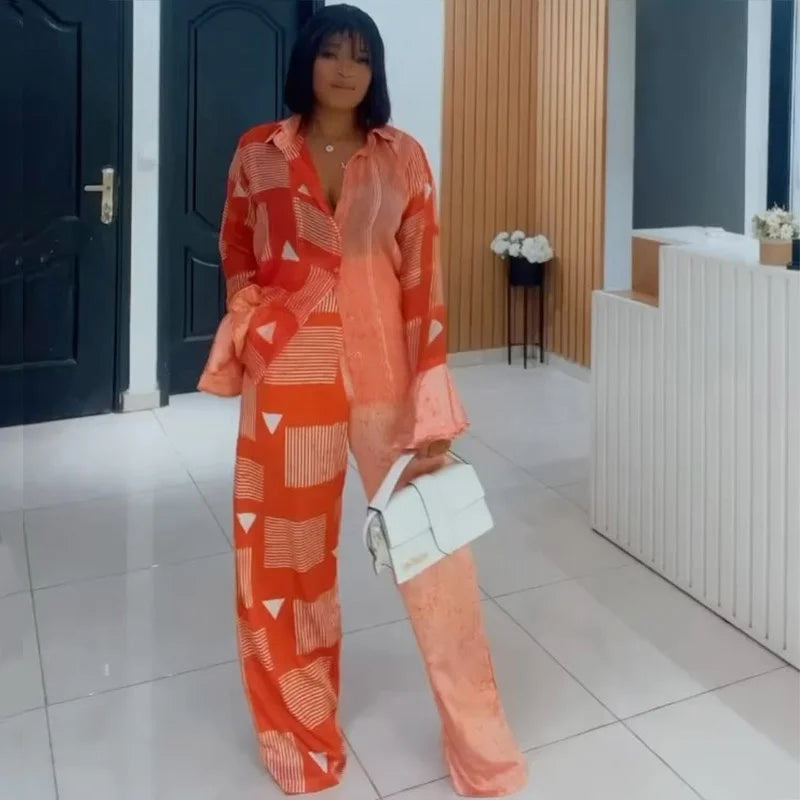 Maxy Flare Sleeve Two 2 Piece Pants Sets Women Vacation Outfits African Clothes for Woman Summer Kebaya Ankara Suit Plus Size