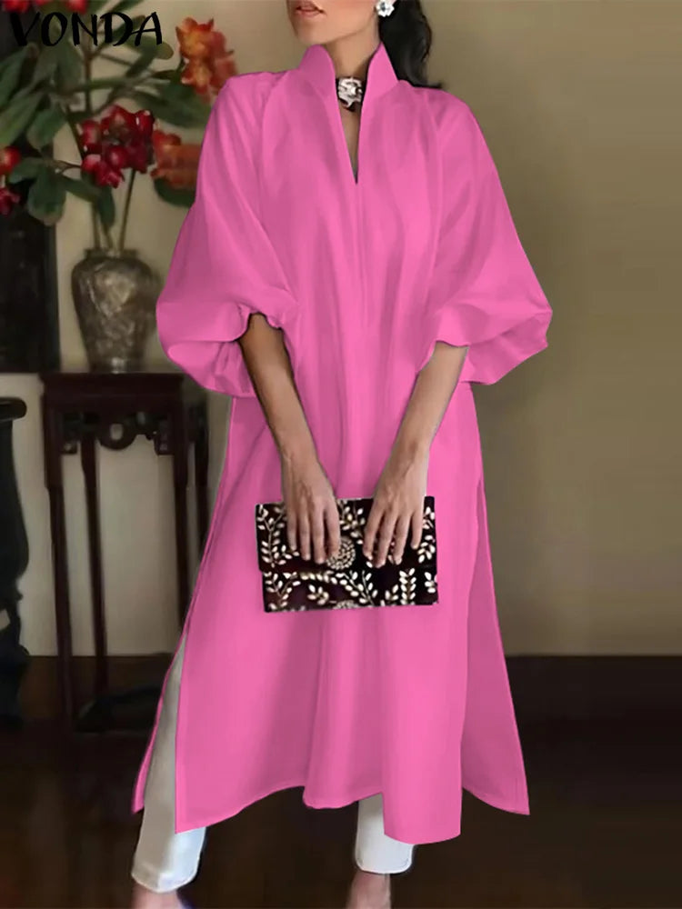 Maxy Plus Size 5XL VONDA Women Long Maxy Dress Office Sundress Casual Solid Color Elegant Elastic Loose A-line Dress