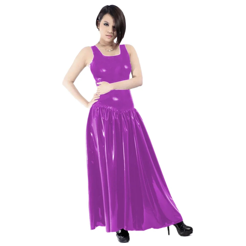 Maxy Women's PVC Tank Dress, Sleeveless Fit and Flared Dress, Raves Party Swing, Pleated Clubwear, Plus Size, Punk Fashion