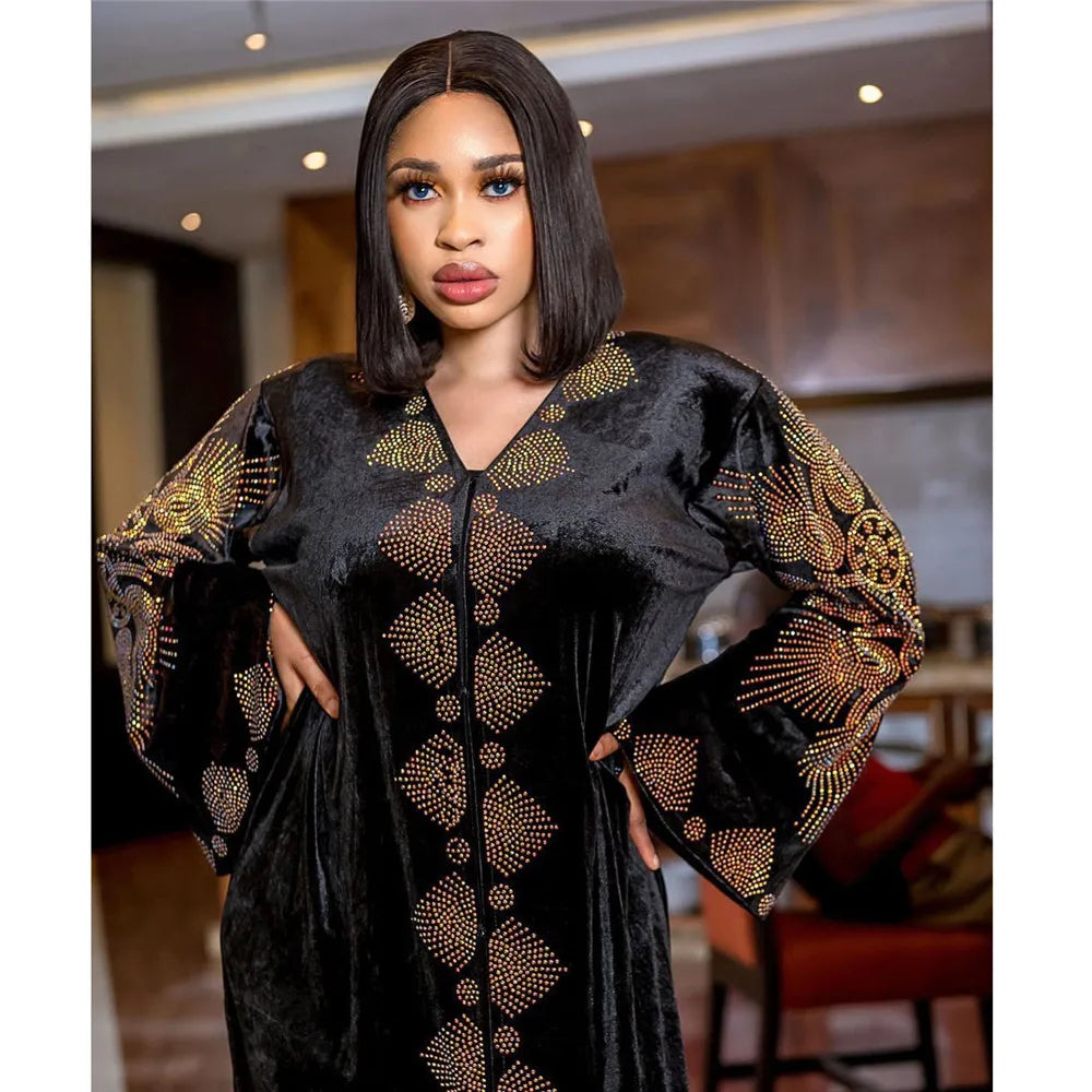 Nigeria Diamonds Velvet African Dresses For Women Evening Party Gown African Dashiki Moroccan Kaftan Abaya Afircan Clothing Gown
