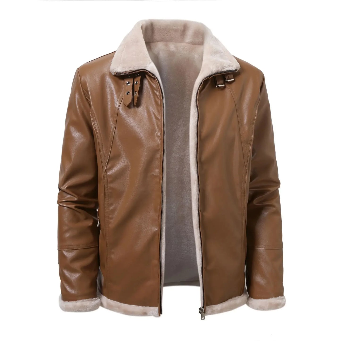 Winter Fleece Men’s Leather Jacket Warm Motorycle Leather Outerwear Mens Casual Turn Down Collar Coats PU Moto Biker Jackets Man