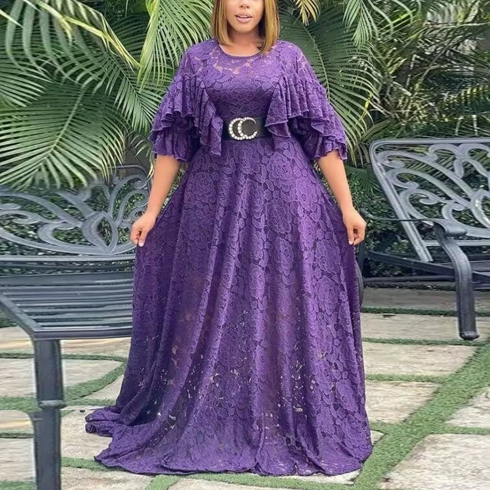 Amay Women's Long Lace Dresses Elegant Flare Sleeves A Line Big Swing Dress Classy Female Party Birthday Clothes White Black Purple