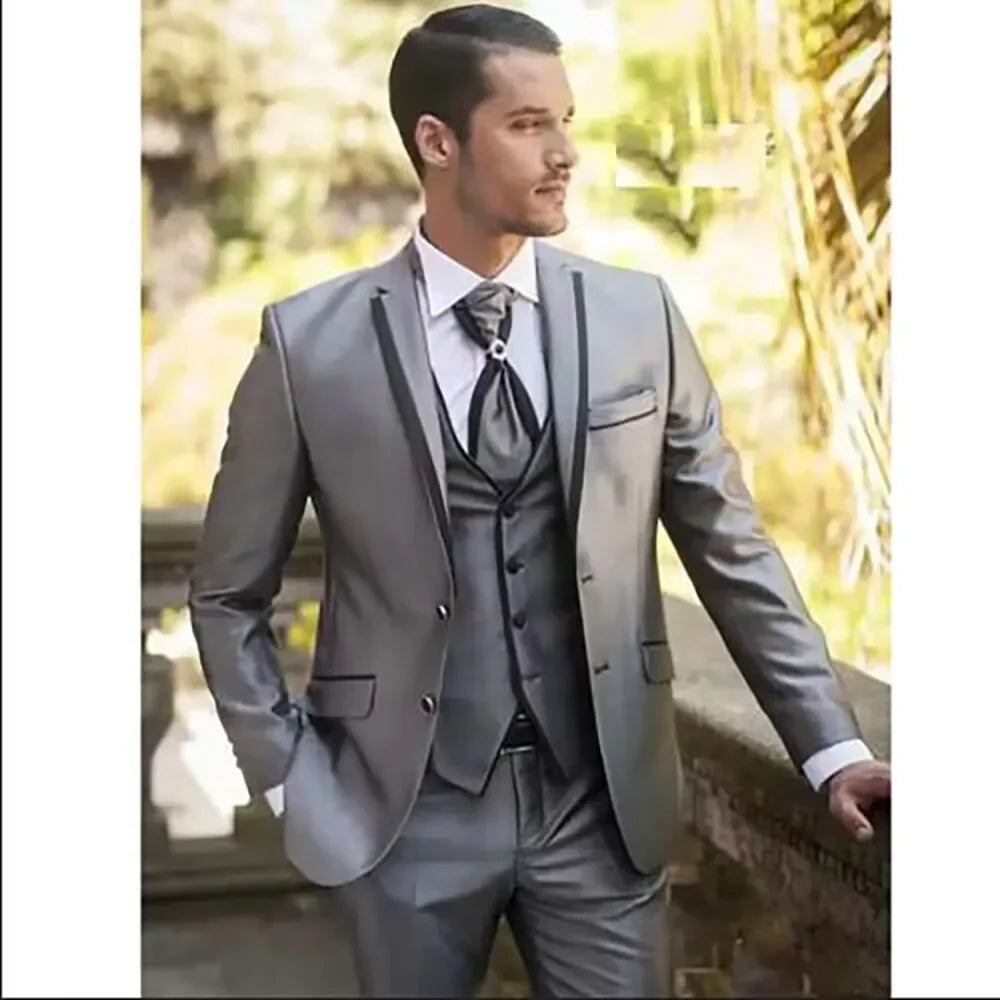 Visco 2024 Elegant Men's Suits Grey Balzer Costume Homme Notch Lapel Single Breasted Skinny Terno Wedding 3 Piece Jacket Pants Vest