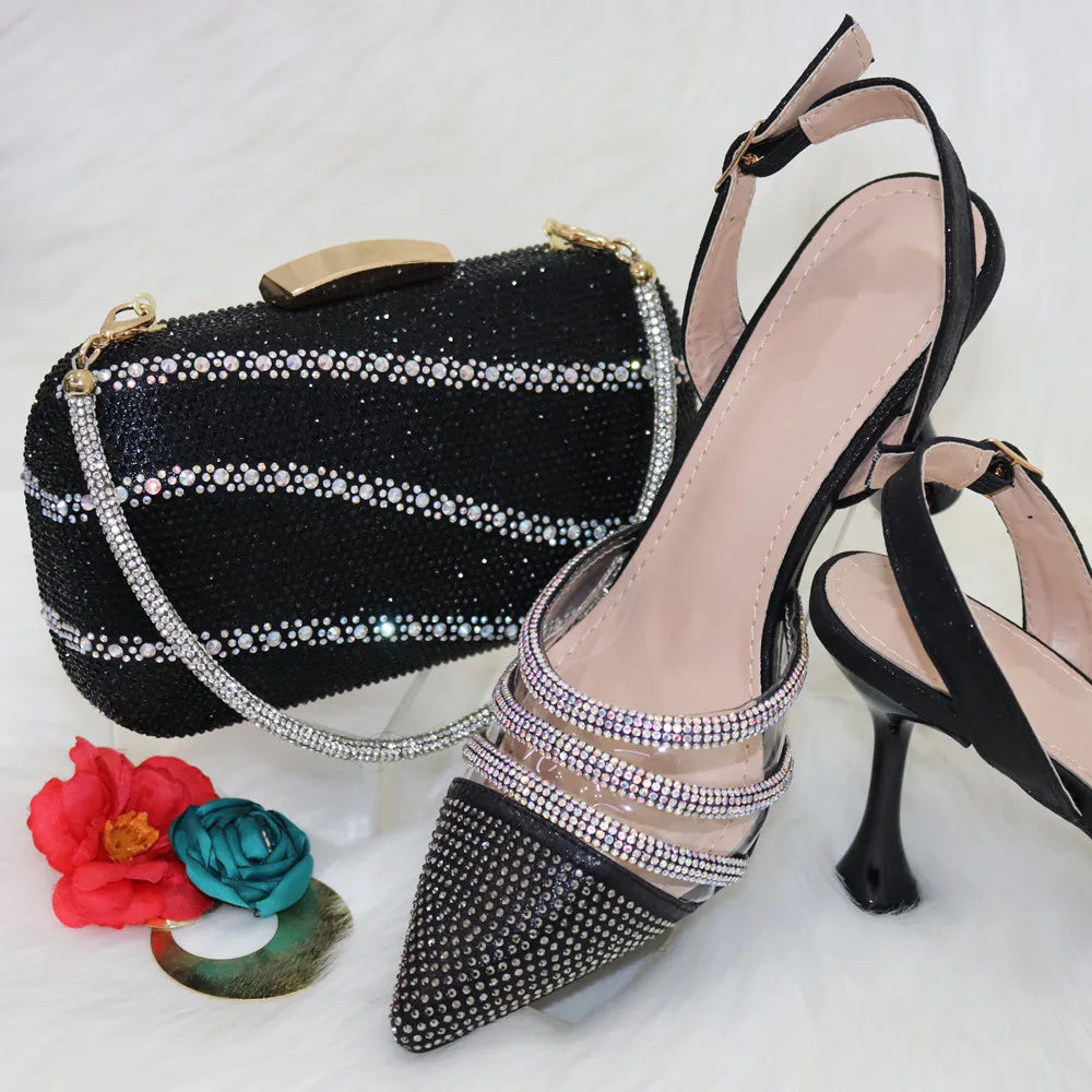 Maxy Summer Elegant Ladies Sandals Shoes and Bag Set Italian Rhinestone High Heels Shoes with Bags Nigerian Women Party Shoes