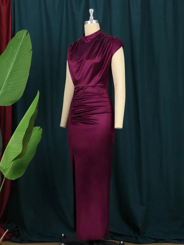 Women Dress Pleated Long Wine Red Elegant Slit High Collar Slim Fit Sleeveless Maxi Robes Female Shiny Gowns Party 2023 Spring