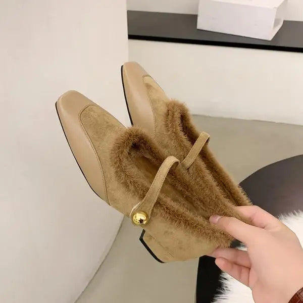 Amay Korean Shoes Loafers Fur Square Toe Autumn New Winter Fall Mary Janes Hook & Loop Fashion Women Shoes Autumn Loafers Fur Mo