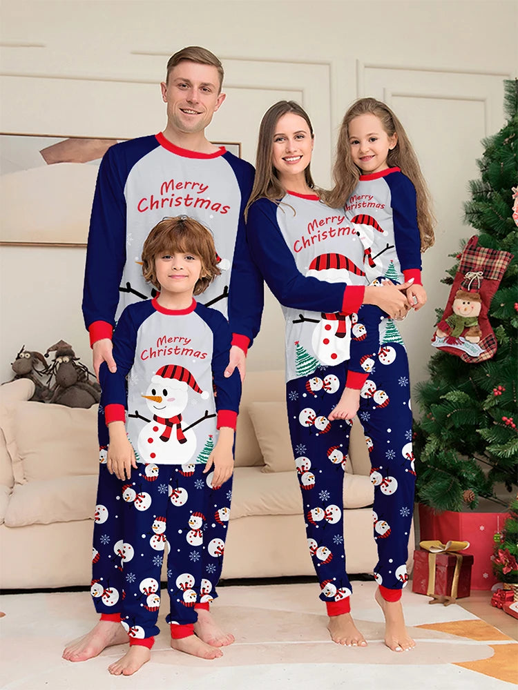 Christmas Pajamas Family Blue Cartoon Snowmen Printed Family Matching Christmas Pajamas Long Sleeve Christmas Pjs Set