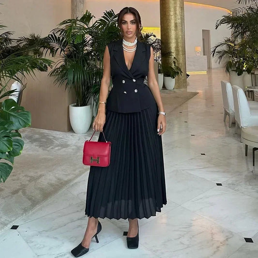 Maxy Two Piece Skirt Sets Casual Outfits Women Double Breasted Blazer Top + Pleated Long Skirts Suit Female Vocation Clothes