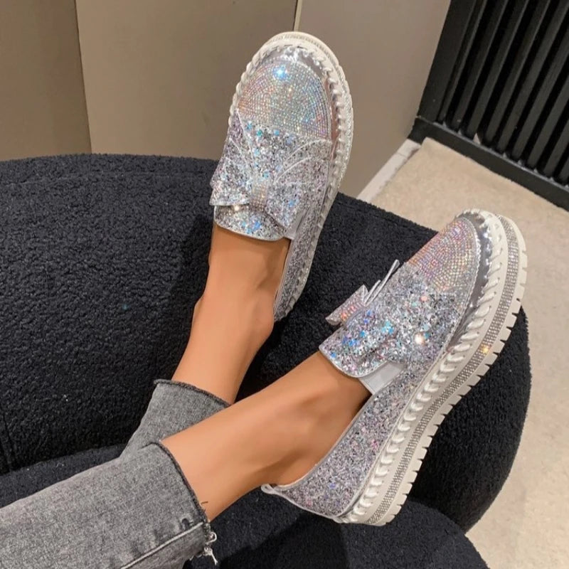 Maxy Fashion Women Shoes Shining Rhinestone Loafer Bowknot Slip-on Thick Botton Casual Ladies Crystal Female Platform Sneakers Sports