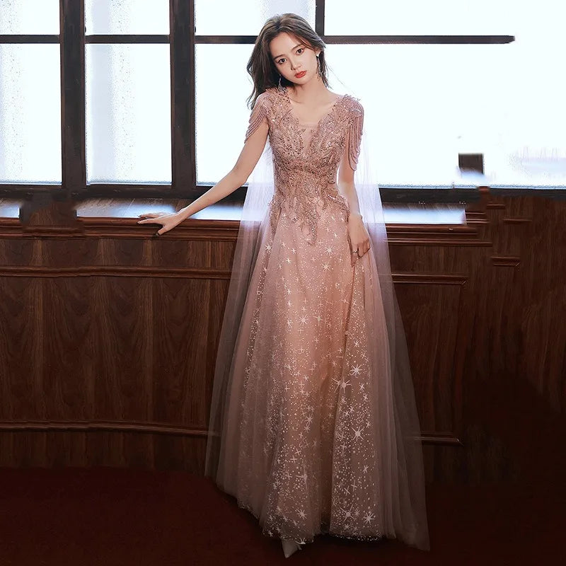 Maxy Summer Women's New Super Immortal Beaded Glitter Celebrity Long Style Banquet Evening Dress Fashion Art Exam Host Dress