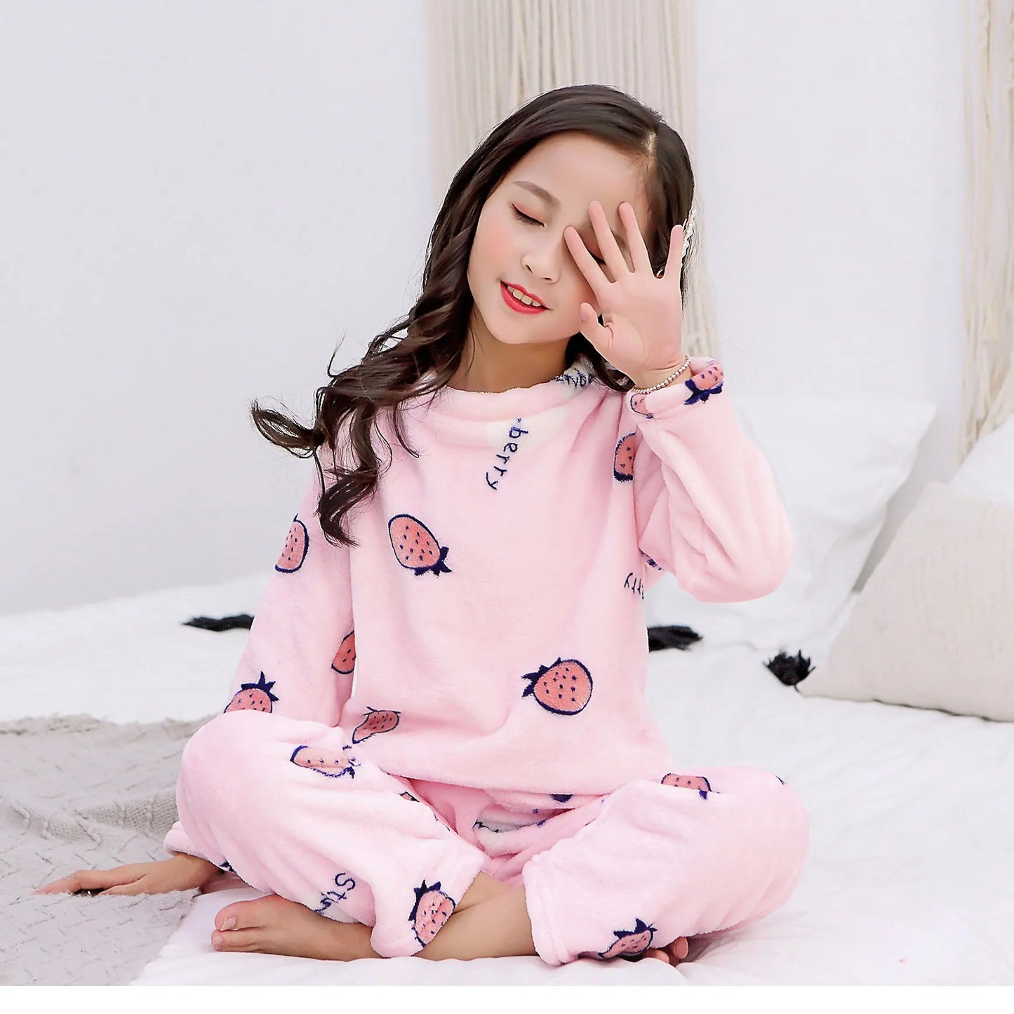 Maxy New 2024 Autumn Winter Kids Thick Warm Flannel Pajama Sets Baby Boys Girls Cartoon Long Sleeve O-neck Clothing Sleepwear Pyjamas