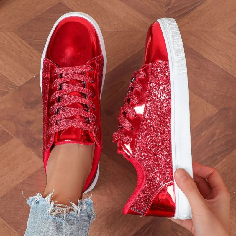 Amay Hot Fashion Red Women's Sneaker Comfortable Flat Low Cut Casual Sneaker Shoes Women Autumn Mirrors Plus Size 46 Skateboard Shoes