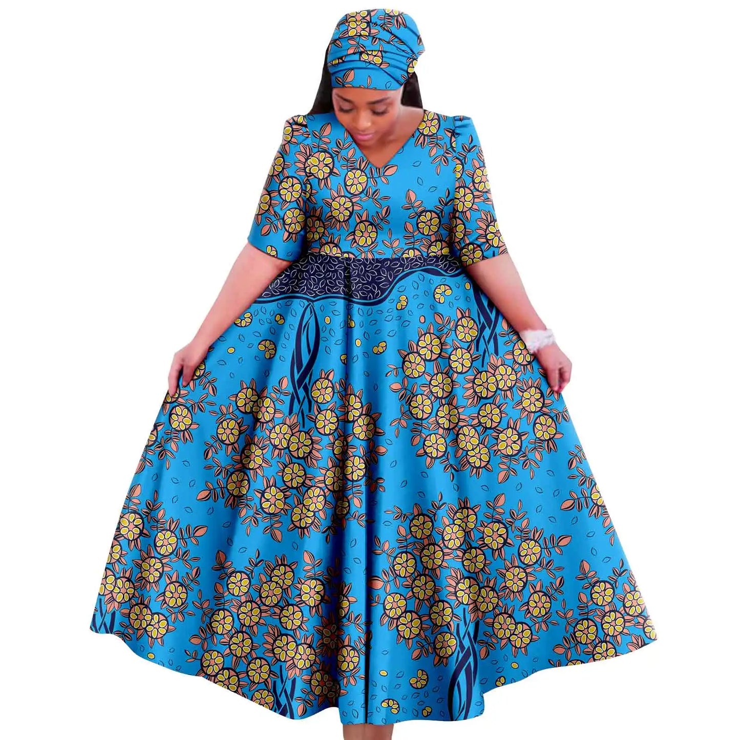 Maxy Church Dresses for Woman Traditional Party Gown V Neck Maxy Dress with Free Turban Wedding Africa Turkey Style 2425083