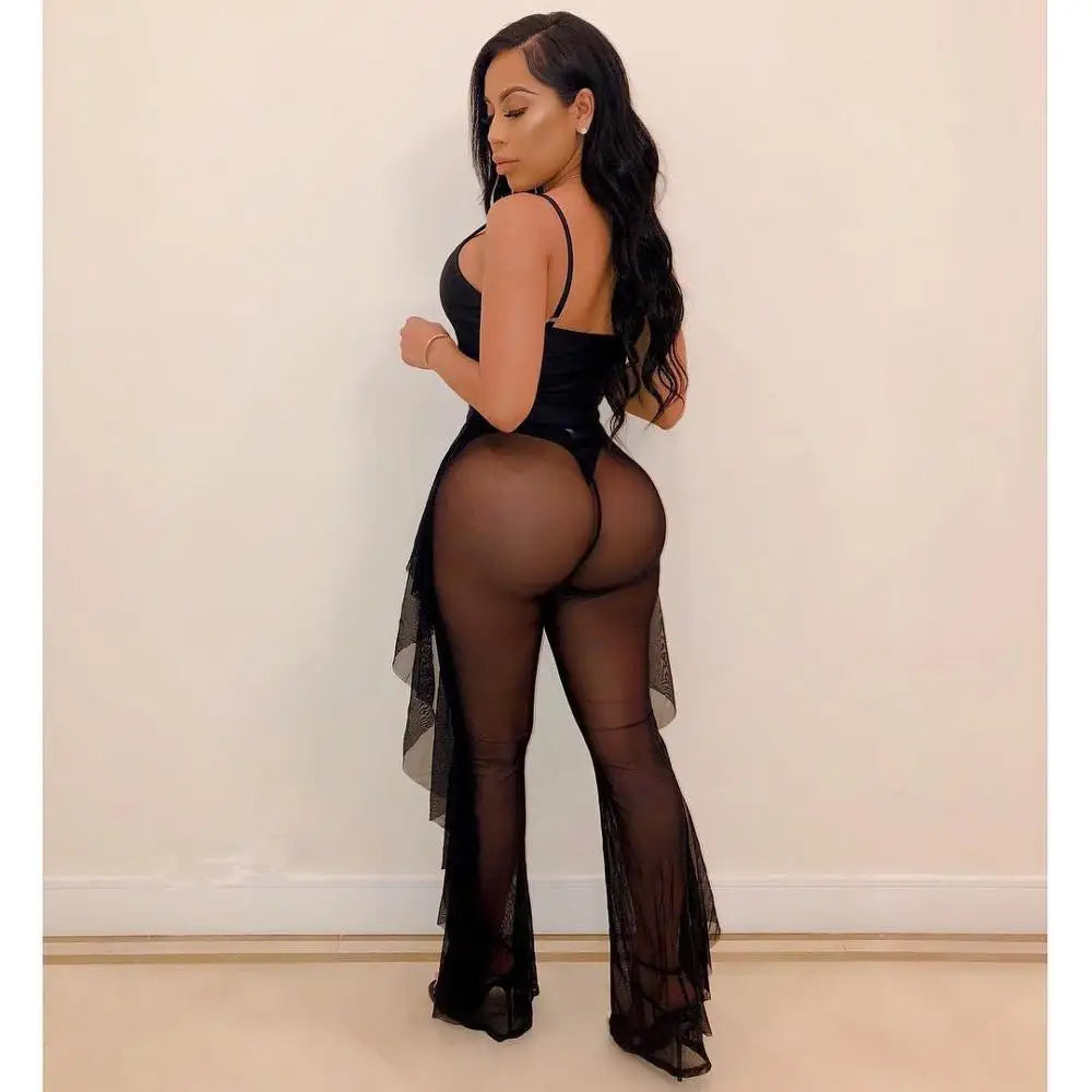 Maxy BKLD Ladies Tracksuits Festival Women Club Outfits Hollow Out Spaghetti Strap Bodysuit Ruffles Mesh Pant Set For Women