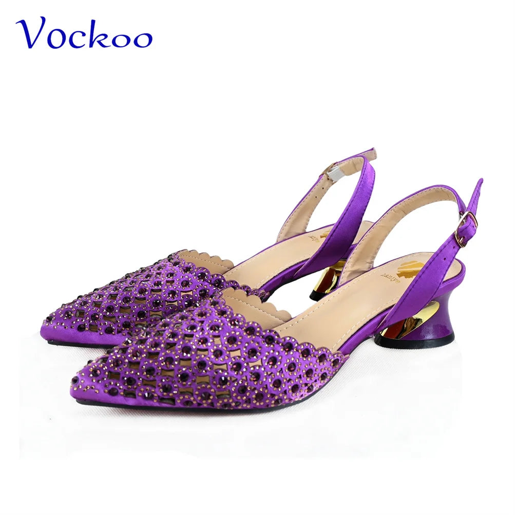 Maxy Fashion Purple Color Magazine Hollow Design Noble and Elegant Women's Low Heeled Shoes Paired with Evening Bags.