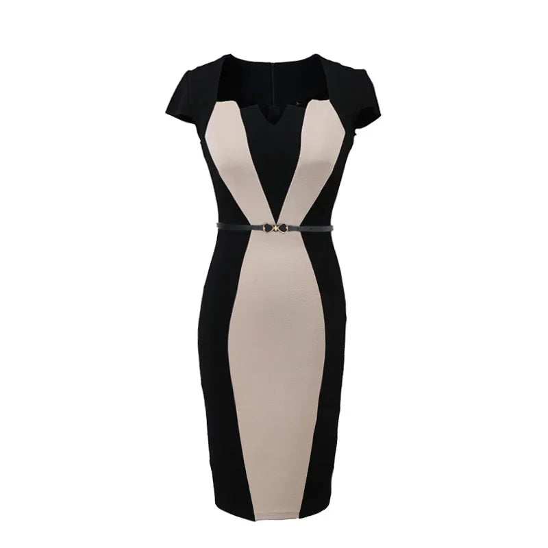 Women Office Lady Pencil Dress 2024 Elegant Business Work Wear Stretch Short Sleeve Patchwork Slim Bodycon Female Sheath Dresses