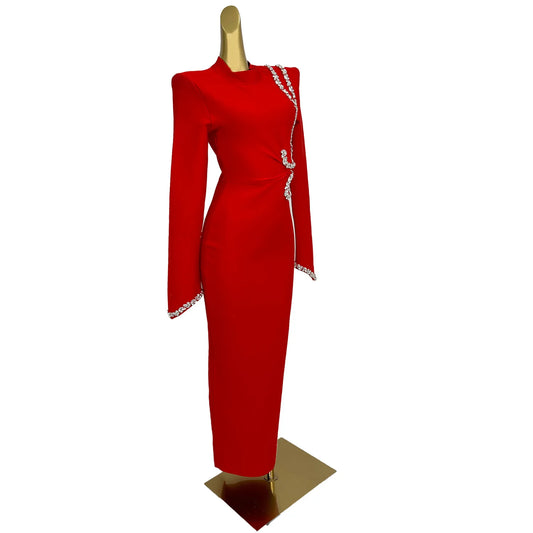 Maxy Woman Red Elegant Maxy Diamonds Dresses Fashion Long Sleeved Pleasted Bandage Dress Slim Fit Causal Office Lady Robe
