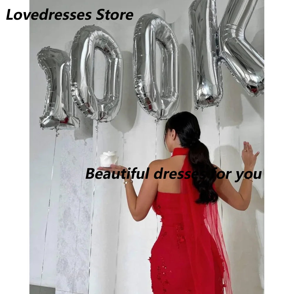 Maxy Red Evening Dress Customized Halter Neck Appliqued Mermaid Jersey Saudi Arab Prom Gown Birthday Party Dress