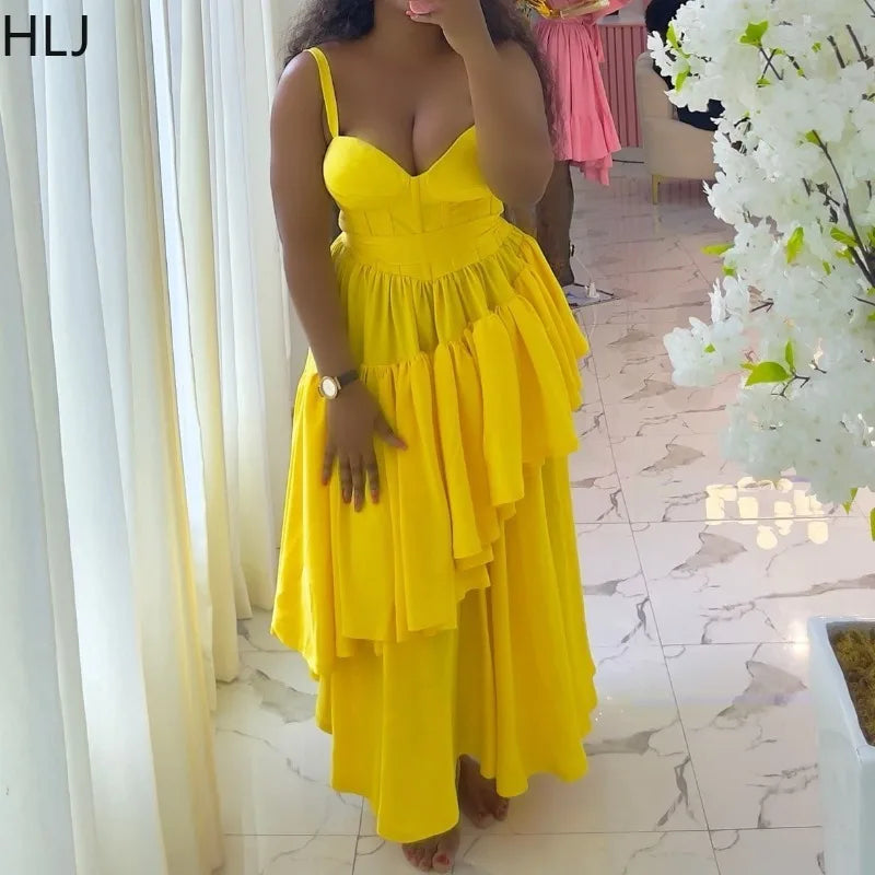 Amay Sexy Bow Ruffles Patchwork Long Dresses Women Spaghetti Strap Sleeveless Backless Maxy Dress Female Clubwear