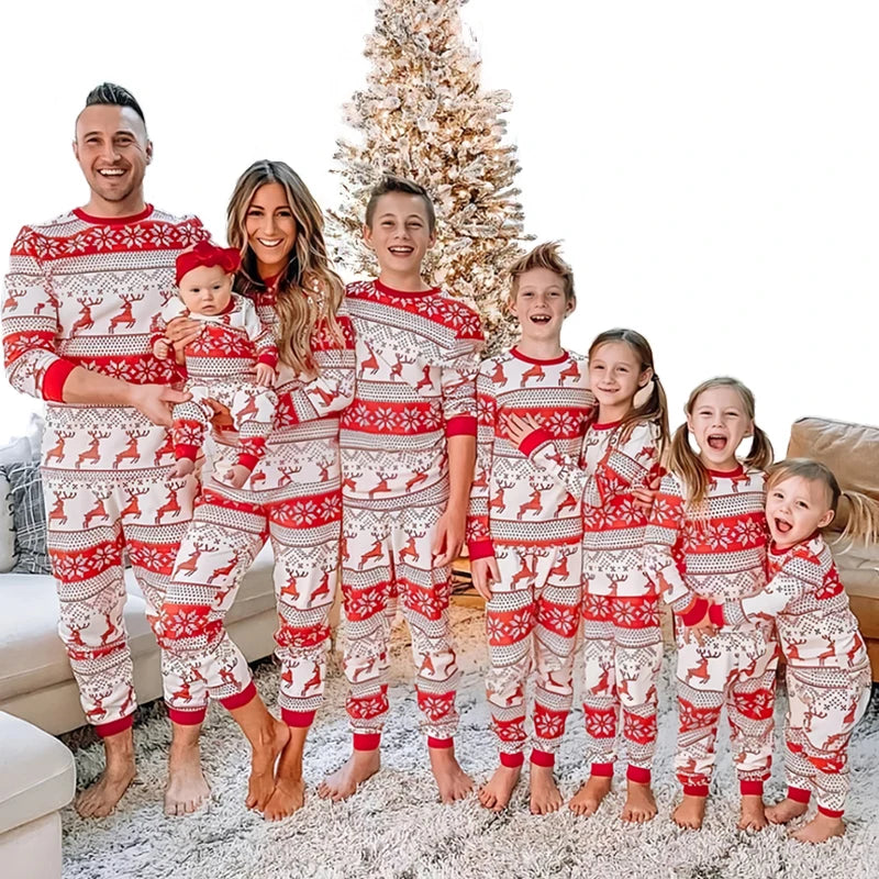 Christmas Pajamas Set Family Matching Outfits Xmas Mom Daughter Look Retro Print T Shirt + Pants Loungewear Pjs Bodysuit Pyjamas