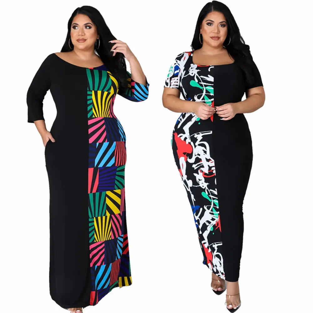 Wmstar Plus Size Dress 5xl Women Summer Clothes Patchwork Loose Casual Elegant Maxi Dress Party New StyleWholesale Dropshipping