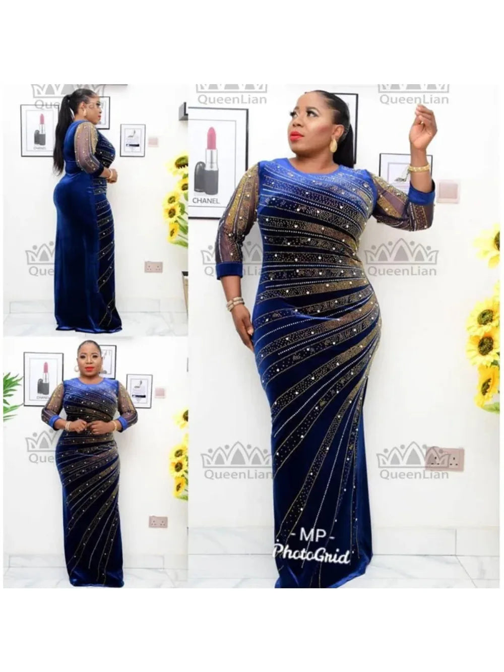 Amay sign Velvet Pearl Diamond Long Tight Dress Big Elastic Material  For Lady